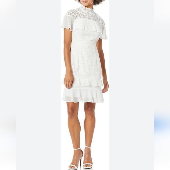 Monique Lhuillier Embroidered Floral Lace Dress Mock Neck Ruffles Black Size 2 - Picture 12 of 14